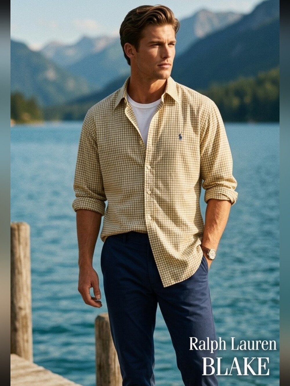 RALPH Lauren BLAKE 100% cotton classic button down shirt yellow Blue large @R